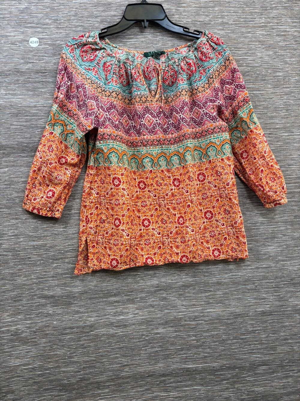 Lauren Ralph Lauren Peasant Boho Top Womens Size M Orange Multi 3/4 Sleeve
